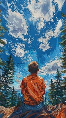 Wall Mural - a boy sitting and looking up the sky illustration poster background