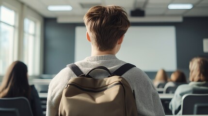 The Weight of Potential: A solitary student, backpack slung over his shoulder, contemplates the possibilities ahead from the back of a sunlit lecture hall.