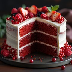 Wall Mural - A photo showing a whole cake, red layers, white frosting between layers