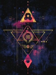 Wall Mural - A vibrant geometric design featuring triangles and circles, blending colors in a cosmic theme.