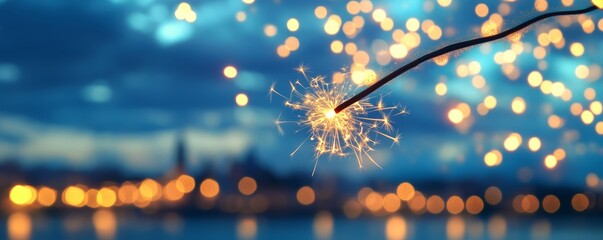 Wall Mural - A close-up of a sparkler glowing brightly against a blurred night background decorated with lights, capturing festive joy and celebration.