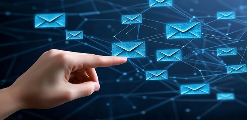 Wall Mural - the hand touching an envelope icon on a virtual screen with many blue digital connections