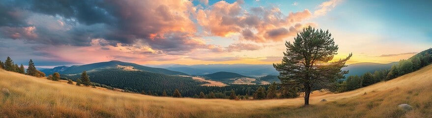 Wall Mural - Beautiful panoramic view of a mountain landscape at sunset in summer, with trees and golden grass in the mountains