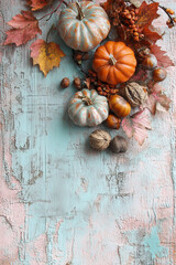 Wall Mural -  Hand made colorful pumpkin arrangement. Autumn seasonal holiday background vintage style postcard. DIY plaster pumpkins for Halloween, Thanksgiving, fall decor