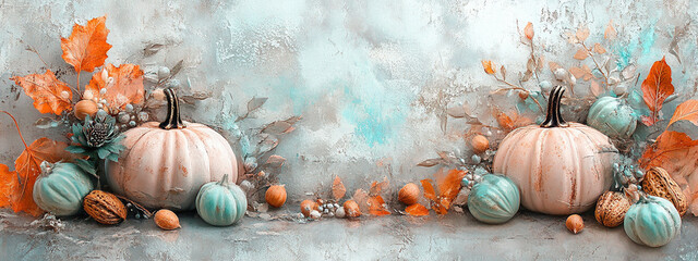 Wall Mural -  Hand made colorful pumpkin arrangement. Autumn seasonal holiday background vintage style postcard. DIY plaster pumpkins for Halloween, Thanksgiving, fall decor