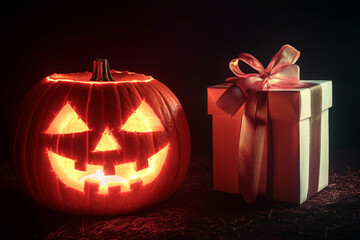 A Jack-O-Lantern and Gift Box in the Dark