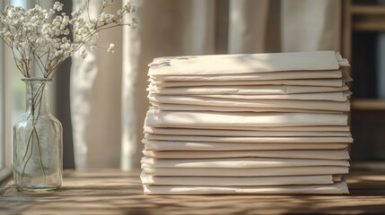 Poster - Stack of Paper and a Vase with Flowers