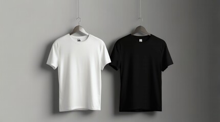 An image of two white walls with a black blank t-shirt hanging on them, ready for your design to be placed on them. Generative Ai 