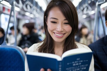 Woman reading book train. Woman with long brown hair reading a book while riding a train. She is smiling and appears happy.