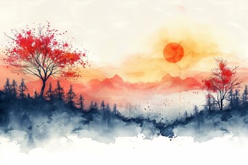 Wall Mural - Sunset Landscape with Waterfall and Trees