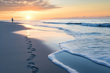 Wall Mural - A serene beach scene at sunset with gentle waves lapping at the shore. Footprints mark the sand, creating a path to tranquility and peace. Generative AI