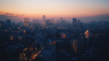 Wall Mural - Cityscape at dusk with the skyline fading into the distance, creating a sense of depth and expansive urban horizons.