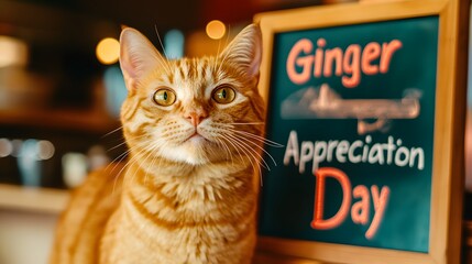  Ginger Cat Looking at Chalkboard Sign with Ginger Appreciation Day