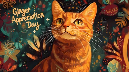 Ginger Cat Appreciation Day   Cute Orange Cat Portrait with Floral Background