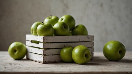 Fresh green apples in a white wooden crate.