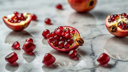 Juicy Pomegranate Seeds on Marble Background