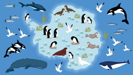 Poster - Cute cartoon penguins and sea animals in the ocean. Vector illustration.