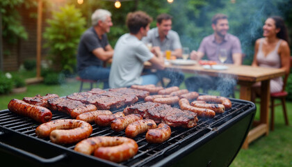 Wall Mural - Grilled meats and sausages sizzle on a barbecue as friends enjoy a lively dinner party in a festive patio garden.