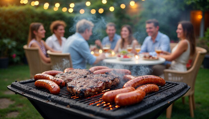 Grilled meats and sausages sizzle on a barbecue as friends enjoy a lively dinner party in a festive patio garden.