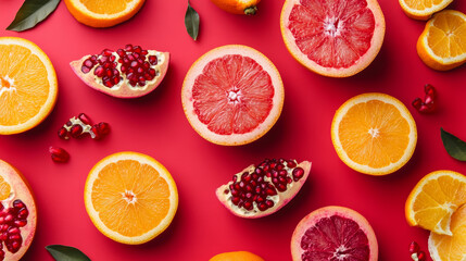 Wall Mural - A vibrant display of juicy fruits on a red background, including a sliced grapefruit, an orange, a pomegranate, and a sweet citrus fruit (such as a pomelo). The vivid red backdrop highlights the fresh