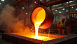 © abu - Molten steel is poured from a ladle into a mold, creating dramatic splashes in a busy industrial setting.