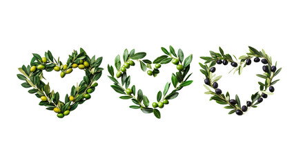 Set of heart-shaped floral arrangements made of olive leaves and olives on a white background.