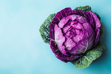 A vibrant purple cabbage with green leaves on a light blue background.