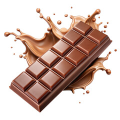 A close-up image of a delicious chocolate bar with liquid chocolate splashing around it