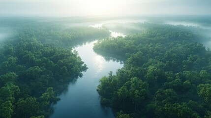 Poster - Aerial View of a River Winding Through a Lush Forest