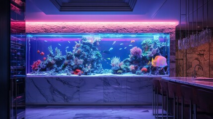 Wall Mural - A large aquarium with corals and fish in the interior of a two-story apartment, featuring a modern style with a white marble floor.