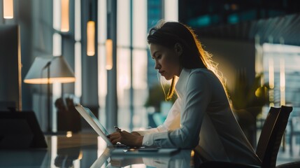 Sticker - A focused woman immersed in her work, illuminated by the soft, warm glow of the evening light through the office windows.