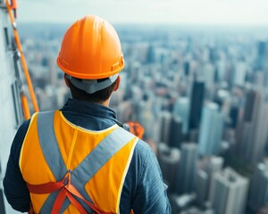 Construction worker in safety gear overlooking a city skyline.