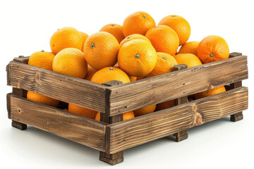 Wall Mural - Fresh oranges with water droplets in wooden crate isolated on white background