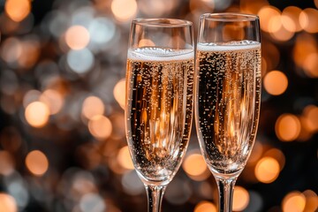 Two sparkling glasses of champagne celebrate an occasion with bokeh lights, copy space for text, end of year celebration