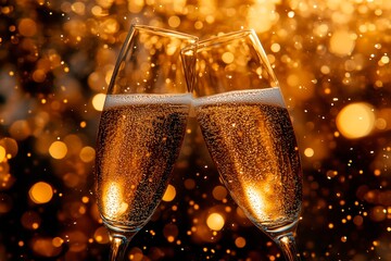 Toasting with champagne flutes against a festive golden background, copy space for text, end of year celebration