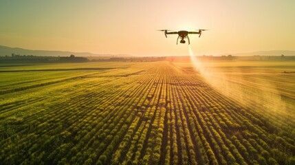 A drone spraying crops over a vast green agricultural field during sunset, illustrating modern farming technology and sustainable agricultural practices.