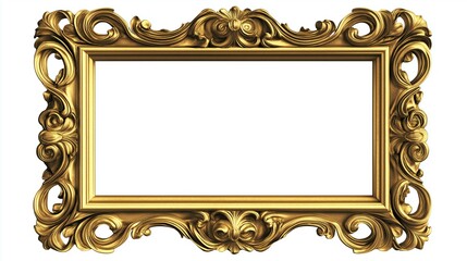 Ornate Rectangular Golden Painting Frame with Antique Design on White Background