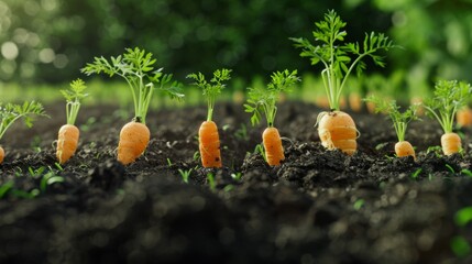 Poster - Carrots at various growth stages emerge robustly from the dark, rich soil, bathed in warm sunlight in a serene garden setting.