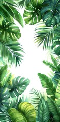 Sticker - Tropical leaves frame background with white space in the center for text, white background, watercolor illustration style