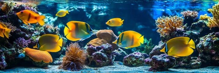 Wall Mural - A vibrant coral reef with colorful fish swimming around the reef, including yellow and blue tropical fish.