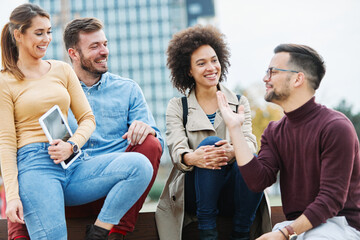 Wall Mural - fun friend youth young group woman lifestyle friendship happy student outdoor together cheerful happiness education summer smiling man girl startup start up business