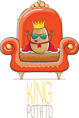 Wall Mural - vector funny cartoon cute brown smiling king potato with golden royal crown and red mantle or cape sitting on orange throne isolated on white background. vegetable funky food drawn character