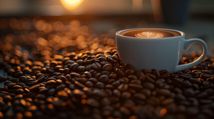 Wall Mural - A white coffee cup sits on a pile of coffee beans