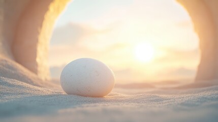 Canvas Print - A white egg is sitting on the sand in front of a sun