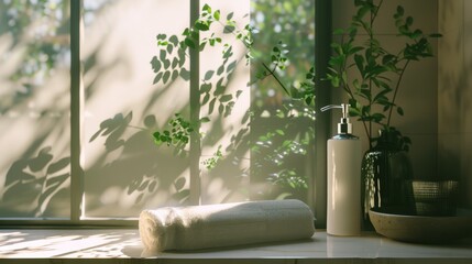 Sticker - Soft sunlight streams through a window, illuminating a serene bathroom scene with folded towels and a soap dispenser, evoking a sense of calm and relaxation.