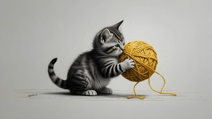 kitten playing with yellow yarn