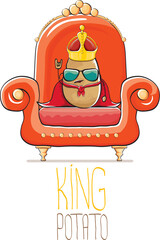 Wall Mural - vector funny cartoon cute brown smiling king potato with golden royal crown and red mantle or cape sitting on orange throne isolated on white background. vegetable funky food drawn character