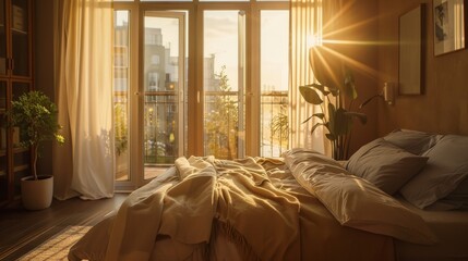 Wall Mural - A sunlit bedroom with a neatly made bed, large windows letting in golden light, and a cozy, inviting ambiance.