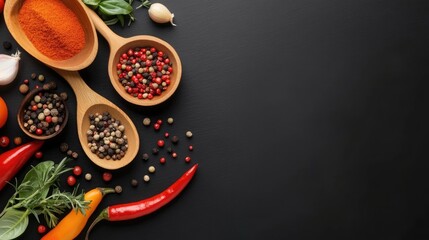 Colorful spices, fresh tomatoes, and greenery are thoughtfully arranged on a dark surface, inviting culinary exploration and creativity in the kitchen