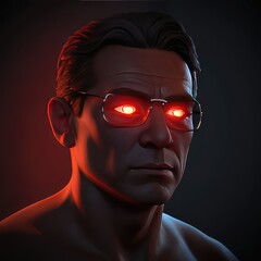 Poster - Close-up of  man's face with glowing red eyes creating a dramatic and intense expression, Glowing red eyes of a man staring at you in the dark